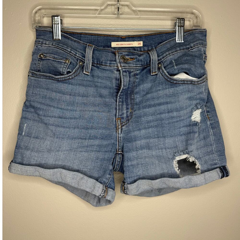 Levi’s Mid Length Distressed Denim Rolled Shorts Womens Size 26